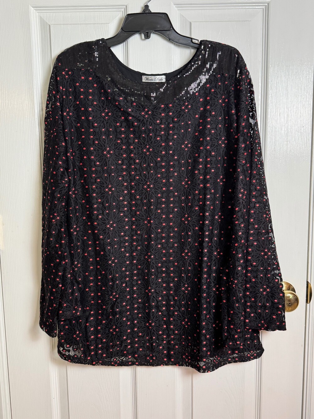 Watta Babe Black Lace Blouse Red Polka Dot Sequin Embellished Top- Size see meas